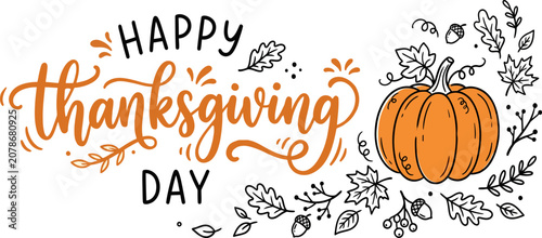 Happy thanksgiving day greeting with pumpkin and leaves