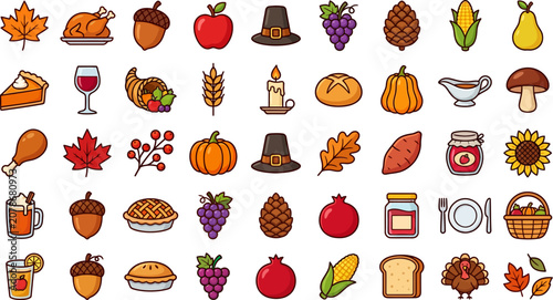 Thanksgiving and autumn holiday icon set vector illustrations for seasonal designs and festive graphics