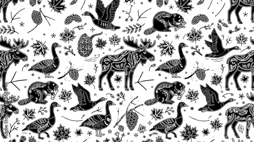 Canadian wildlife and nature silhouette seamless pattern