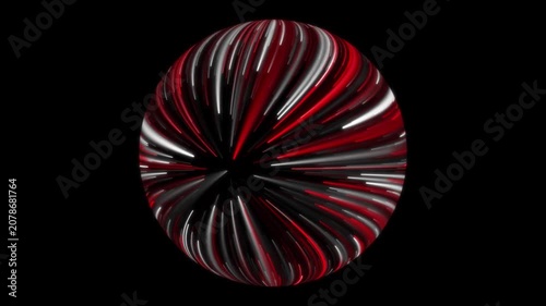 Abstract red and white glowing light lines warp speed orb spinning sphere on black background
