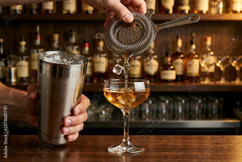 Professional bartender straining craft cocktail into elegant coupe glass at bar counter