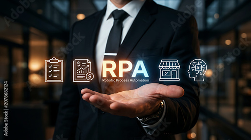 Businessman presenting robotic process automation rpa icons on open hand