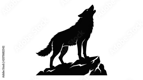 Black silhouette of a wolf howling on a rocky mountain