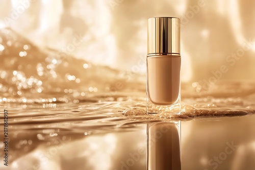 Elegant Foundation Bottle Reflecting in Golden Liquid.