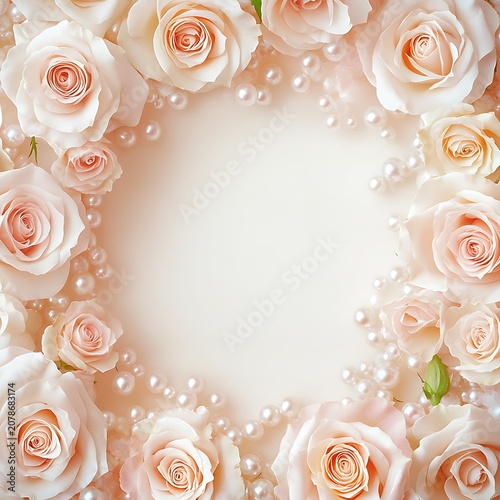 Elegant Frame of Soft Pink Roses and Pearls.