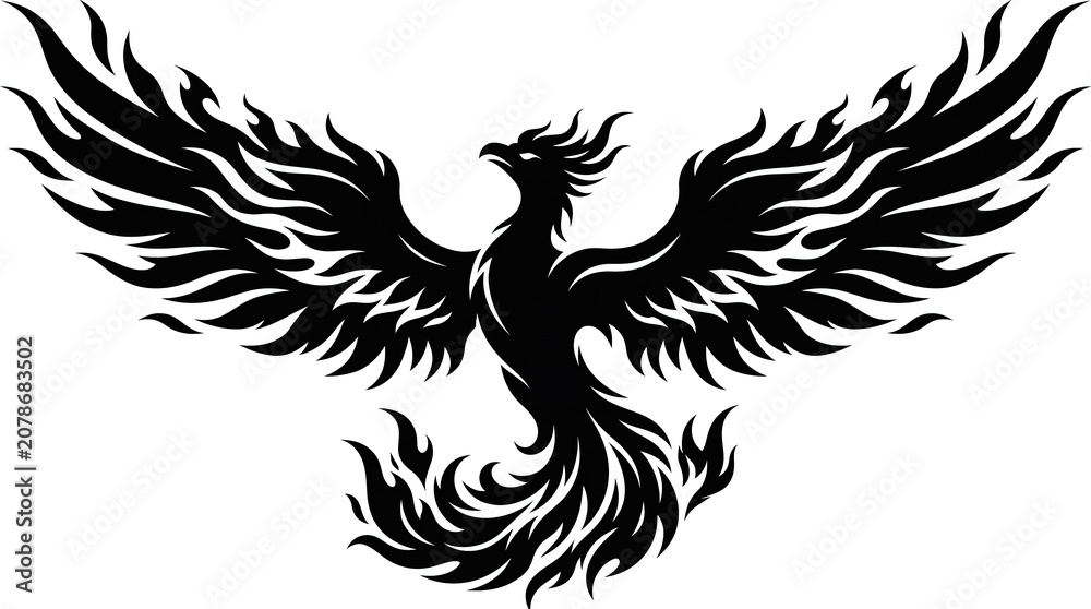 Fototapeta premium Black phoenix bird silhouette with fiery feathers on white background