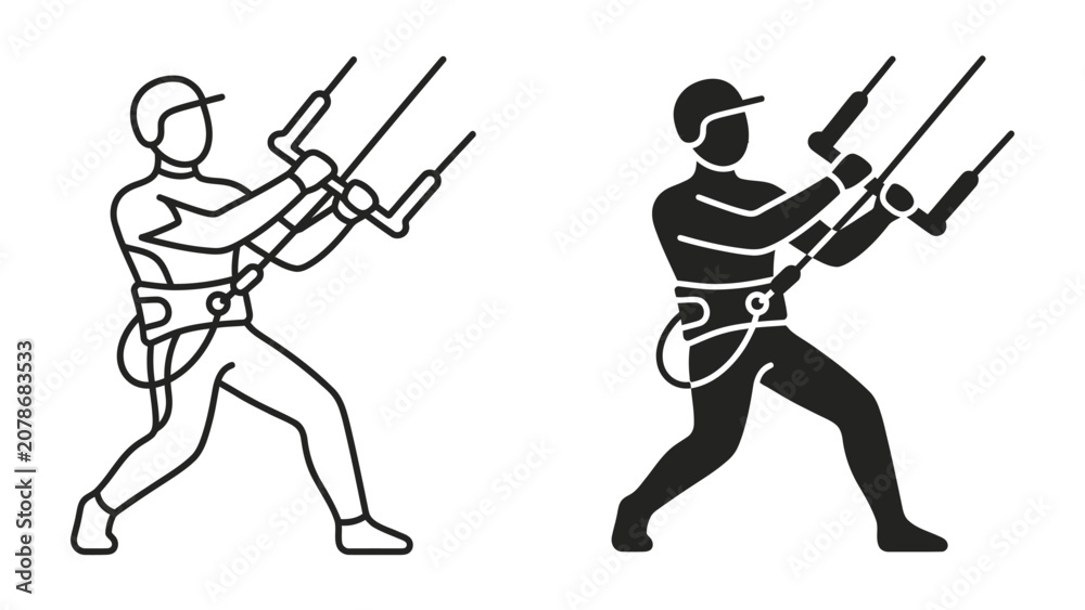 Obraz premium Kitesurfing Iconography: A stylized depiction of a kitesurfer in action, showcasing the sport's dynamic motion with both outline and silhouette illustrations.