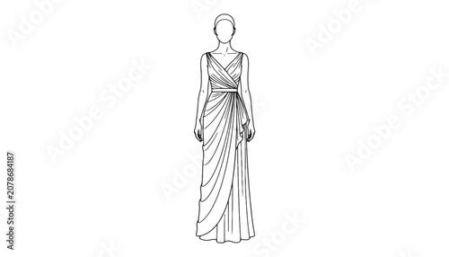 Elegant Draped Evening Gown Line Art – Female Fashion Illustration Outline