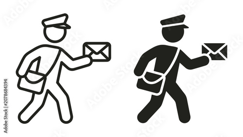 Foto Mail Carrier Icon: A graphic illustration depicting a mail carrier in uniform, carrying a mailbag and a letter, symbolizing delivery and postal service