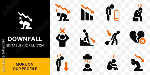 Cuadro en lienzo Downfall Failure and Depression Solid Icon Set with Twelve Negative Emotion and
