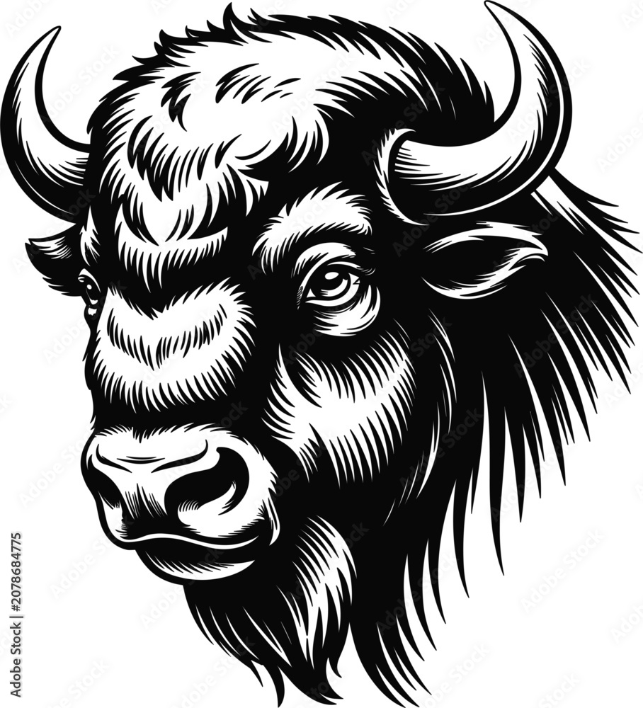 Fototapeta premium Bison head illustration with detailed linework against a white background conveying strength and wild nature