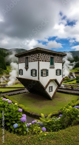 Unique Upside-Down House Surrounded by Garden and Cloudy Sky.