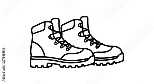 Pair of sturdy black outline hiking boots with laces and thick soles, symbolizing adventure and outdoor exploration with a clean, minimalist aesthetic.