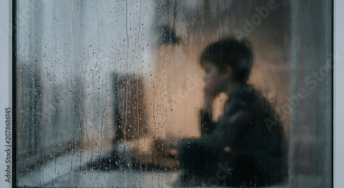 Moody silhouette of a child looking through a wet window covered in raindrops on a rainy day