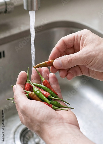 Hands washing fresh red and green chili peppers under running tap water