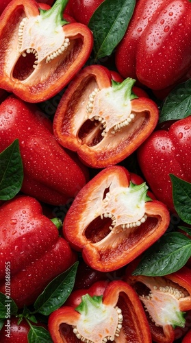 Closeup red bell peppers halved and whole with water droplets for fresh vegetable background and food packaging design
