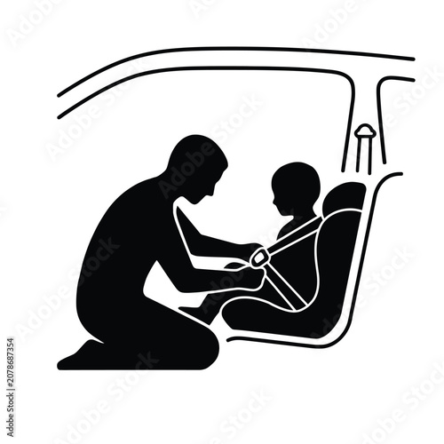 vector illustration of a silhouette of a man with his child wearing safety belt