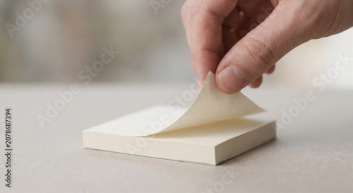 Close Up of Hand Peeling Blank Sticky Note from Notepad