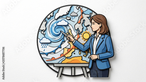 Tableau sur toile Woman Meteorologist Explains Weather Forecast on Map.