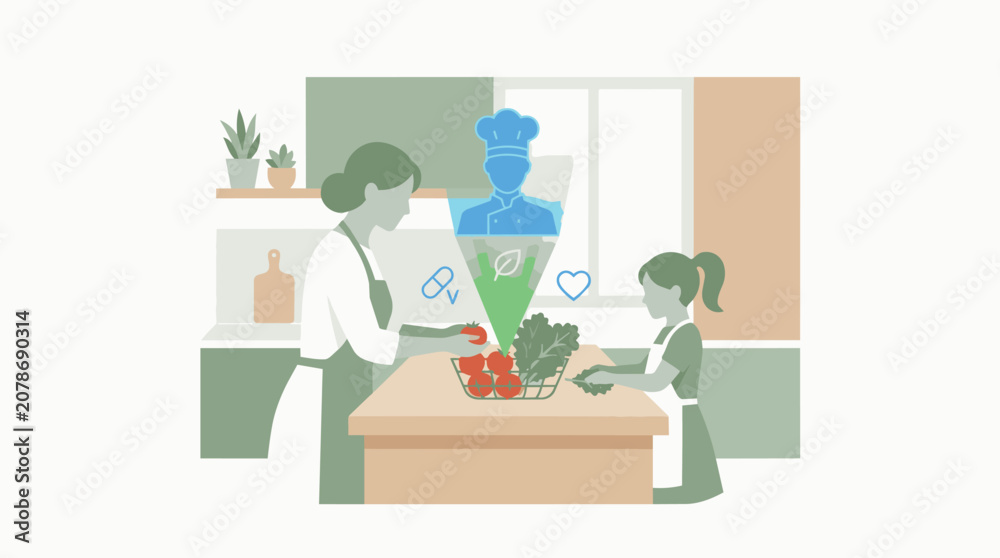 Fototapeta premium Smart digital interface featuring an AI Food assistant analyzing nutritional data for fresh salmon and kale