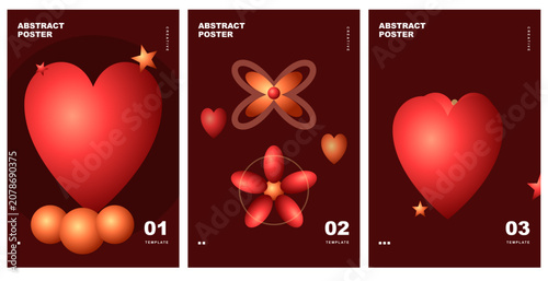 Abstract Posters Collection 3D Gradient Love Hearts Vector Templates for Romantic Luxury Greeting Card and Banner