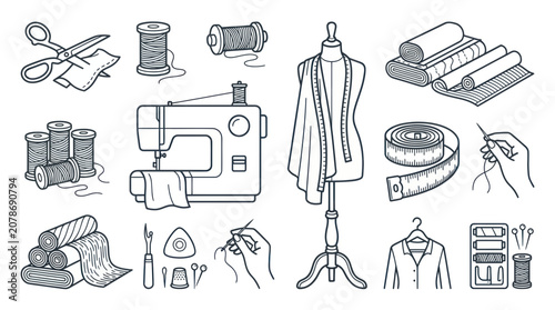 Obraz na plátně Tailoring and dressmaking tools icons in line art style