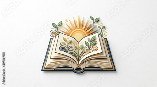 Open book with sun and plants illustration.