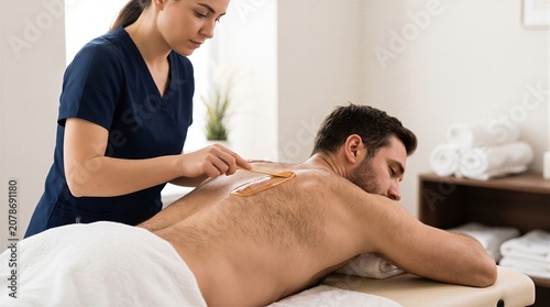 Professional aesthetician applies warm wax to a man's back for hair removal treatment