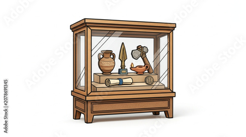 Ancient Artifacts Displayed in Wooden Museum Showcase.
