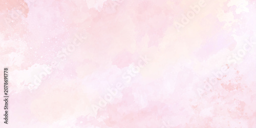 Slika na platnu Soft pink watercolor background with white clouds and subtle peach tones for des