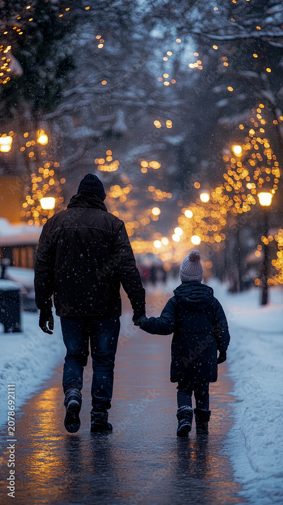 Fototapeta premium Father and his child hold hands while walking down beautiful snow-covered street illuminated by warm, glowing golden fairy lights during magical winter evening stroll.