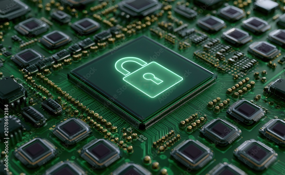 Fototapeta premium Digital security icon on a circuit board shows encryption and technology in a modern setting