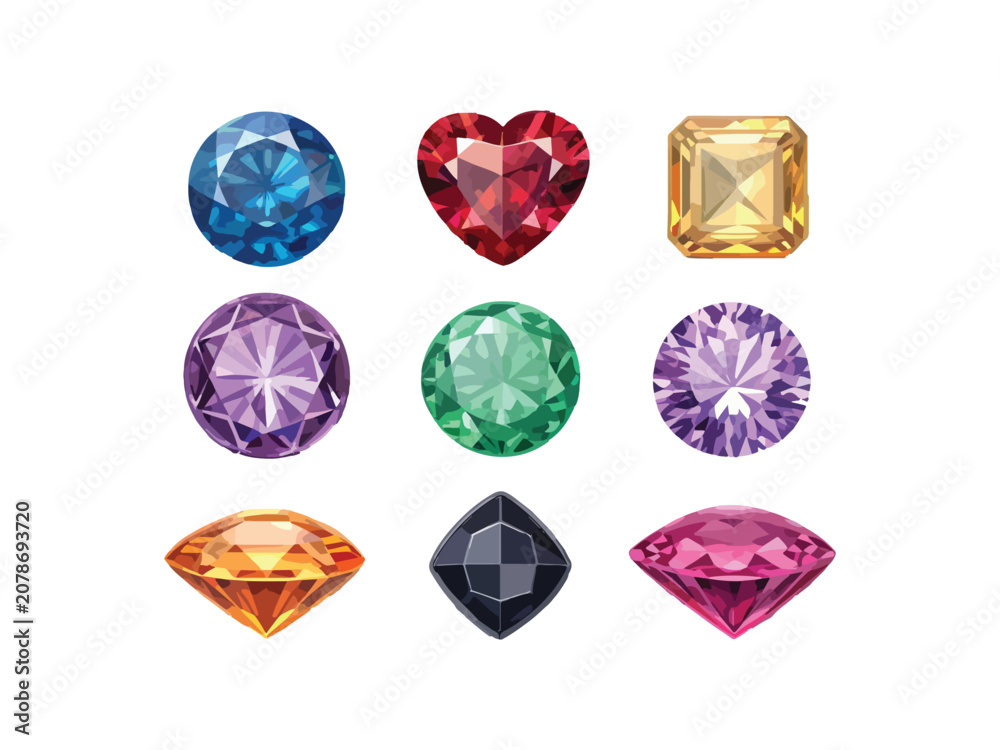 Fototapeta premium Colorful gemstones and precious stones in various shapes and colors on white background