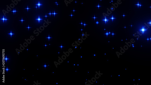 Canvastavla Blue neon glowing particles and stars floating on black background