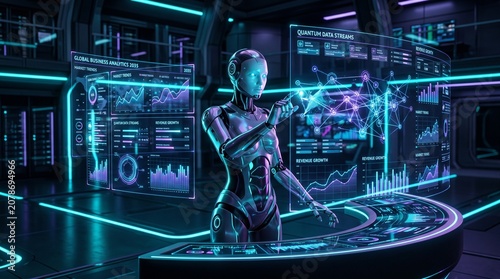 Cyborg, futuristic robot, neon-lit laboratory, sci-fi scene, technology concept