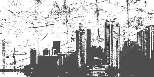 Abstract monochrome city skyline with glitch art effect and texture