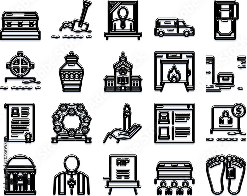 Obraz na plátně Funeral and memorial service outline icons collection depicting death, burial, c