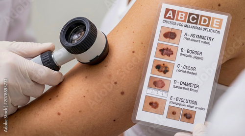 Professional Dermatologist Performing Skin Cancer Screening Using Dermatoscope and ABCDE Melanoma Detection Educational Chart to Examine Moles and Pigmented Spots on Patient's Arm