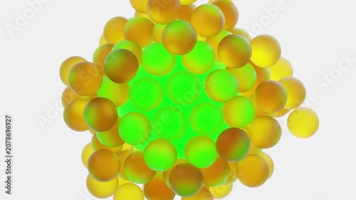 3d rendering yellow small spheres with floating green sphere on white background