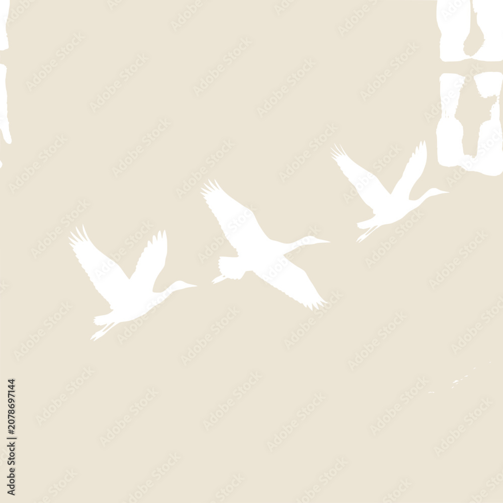 Obraz premium Three white geese flying in formation across a light beige background, minimalist style