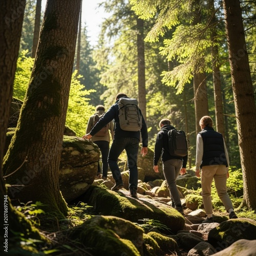 Group of friends hiking through a lush green pine forest with backpacks on a sunny day exploring the wilderness