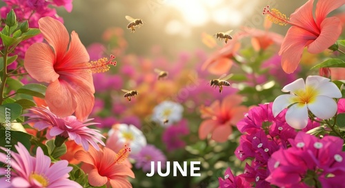 Vibrant Summer Garden Scene with Bees and Blooming Flowers in June Sunlight.