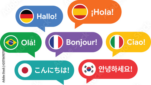 Colorful speech bubbles with flags and greetings in various languages representing international language learning