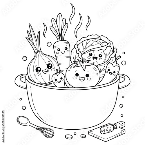 Obraz na plátne Cute cartoon vegetable characters smiling together inside a big bowl coloring pa