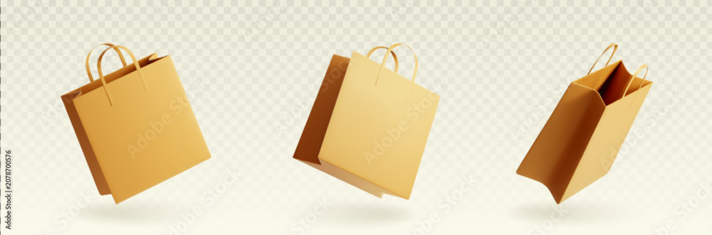 Obraz premium Realistic brown paper bag mockup with handles, 3D vector template for shop branding isolated on transparent background. Craft cardboard packaging design, kraft blank handbag pack, grocery carrier