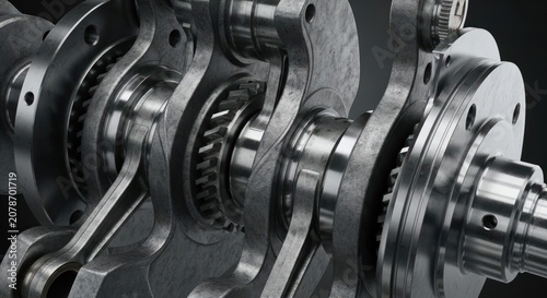 Close-up view of a complex mechanical engine crankshaft assembly with polished metal components.