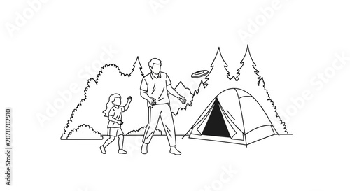 Family camping in the mountains with a tent.