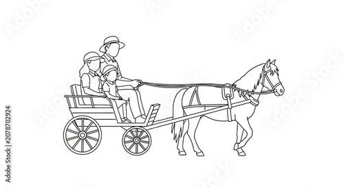Horse Drawn Carriage with Passengers Line Art Illustration.