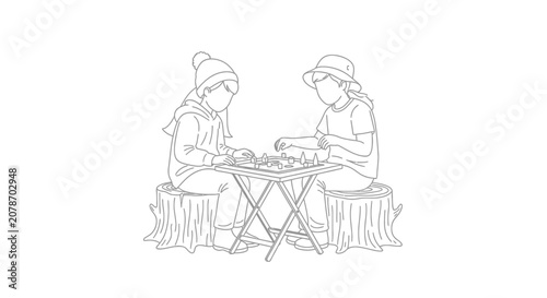 Two women playing chess at a table outdoors.