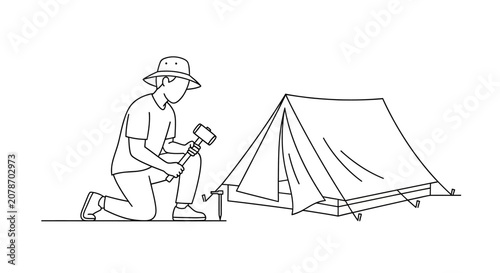 Person setting up a tent for outdoor camping adventure.